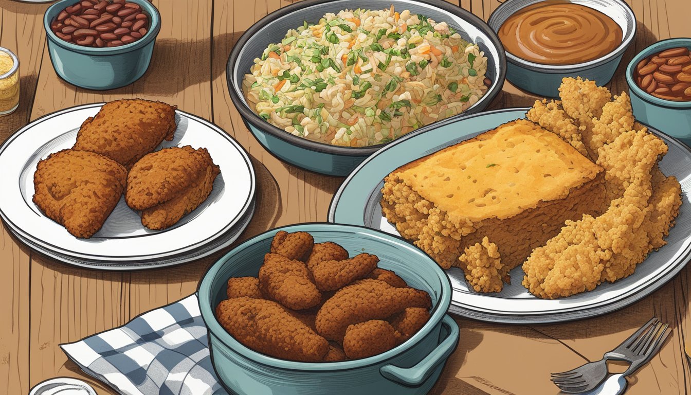 A table spread with classic Texan side dishes and accompaniments, including cornbread, coleslaw, and baked beans, alongside a plate of Texas-style fried chicken