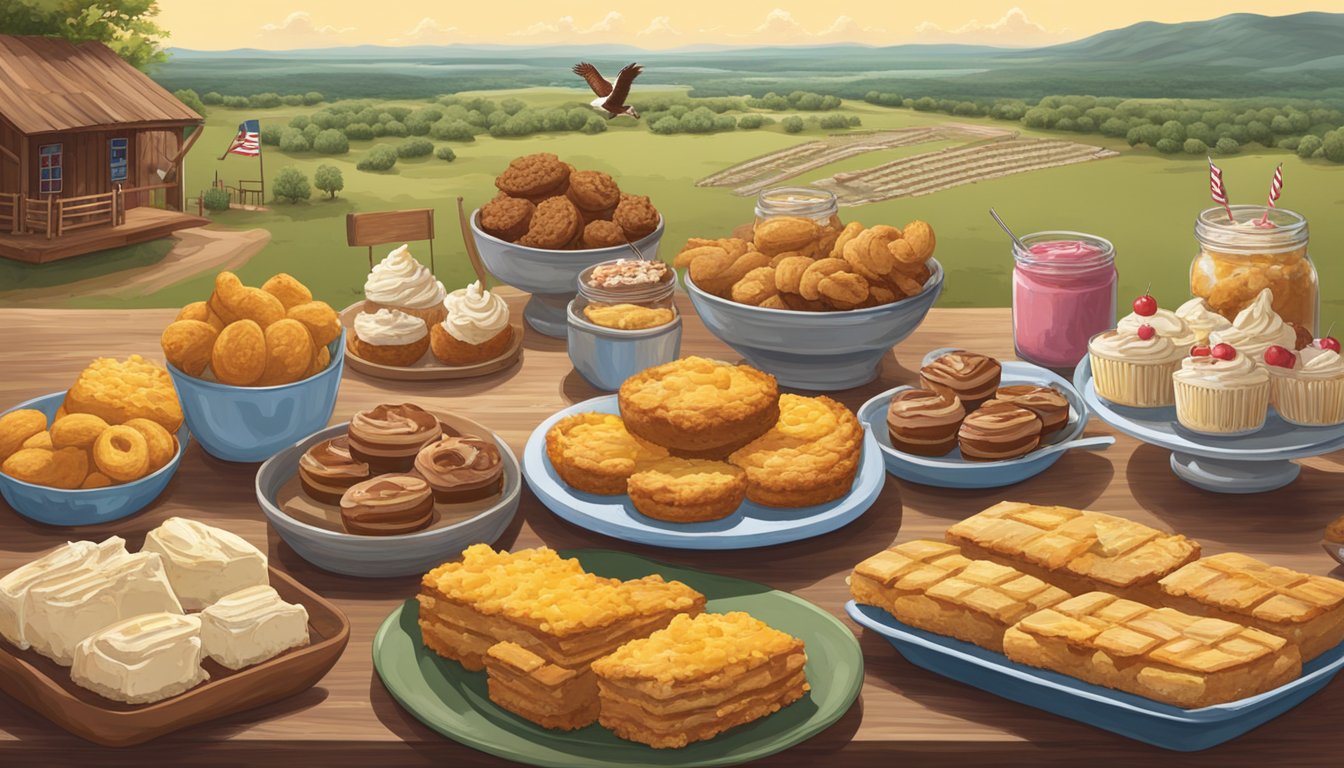 A table filled with classic Texan desserts and sweet treats, surrounded by iconic Texas chicken coops and rural scenery