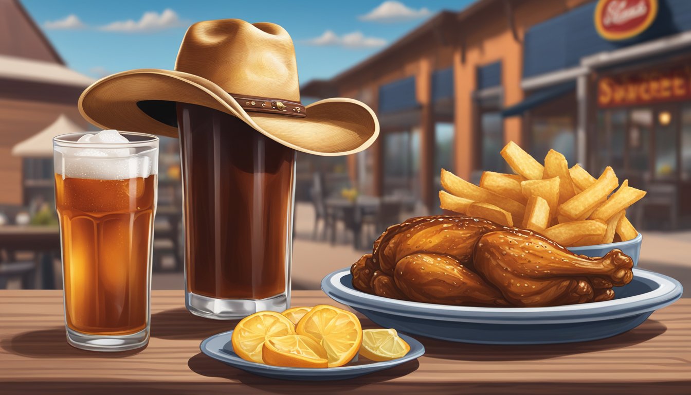 A cowboy hat sits atop a bottle of barbecue sauce next to a glass of sweet tea, all set against a backdrop of a Texas chicken restaurant