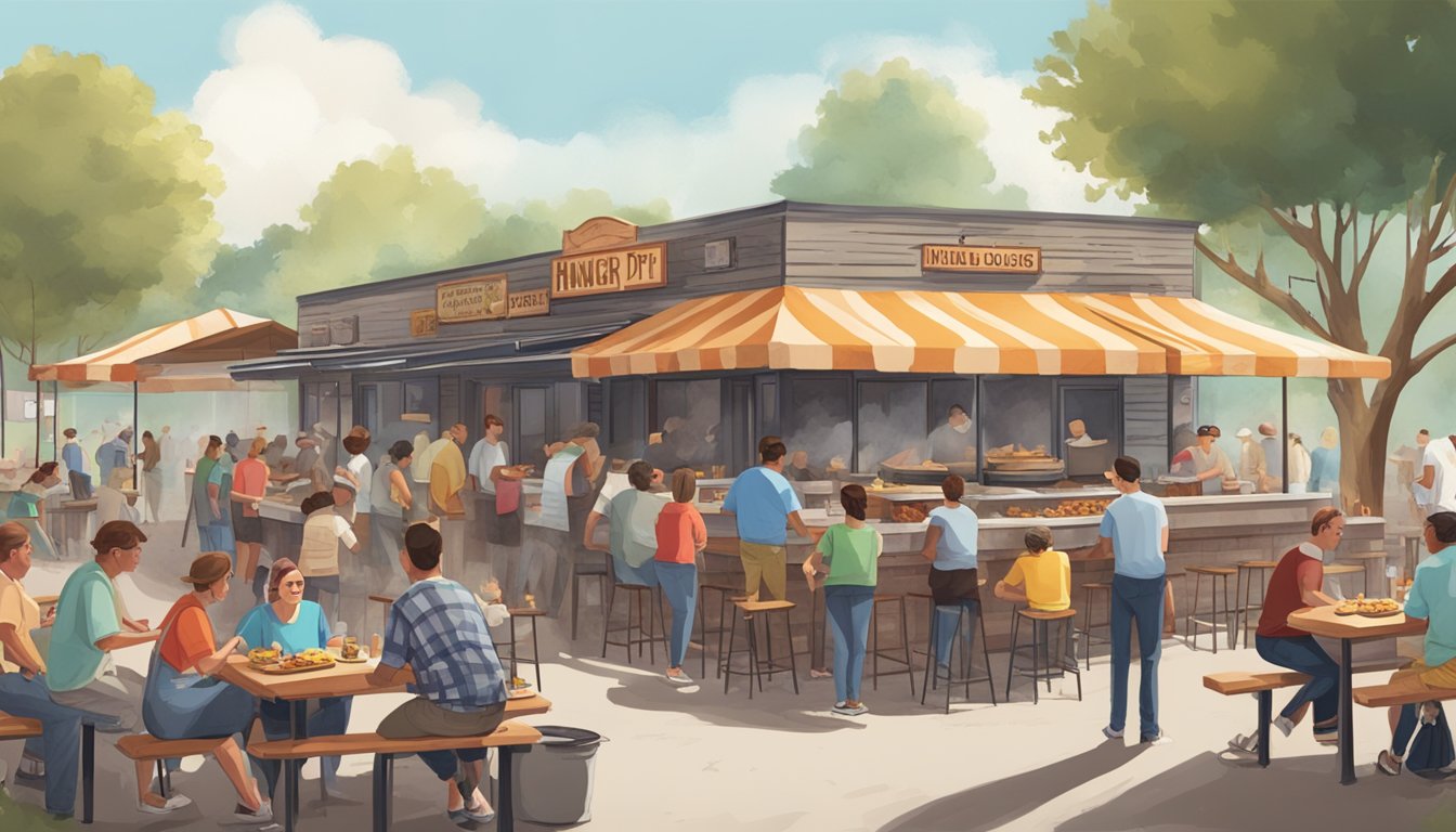 A bustling outdoor BBQ joint with picnic tables, smoke billowing from the pit, and a line of hungry customers waiting to order