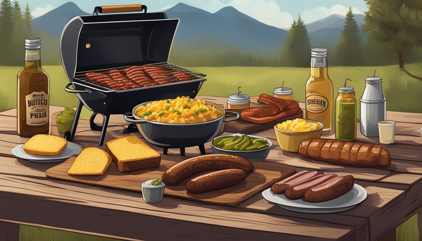 A rustic outdoor Texas BBQ spread with brisket, ribs, sausage, cornbread, and pickles on a wooden picnic table. Smoke billows from the grill in the background