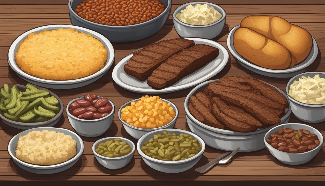 A rustic wooden table set with an assortment of classic Texas BBQ sides and accompaniments, including coleslaw, cornbread, pickles, and baked beans