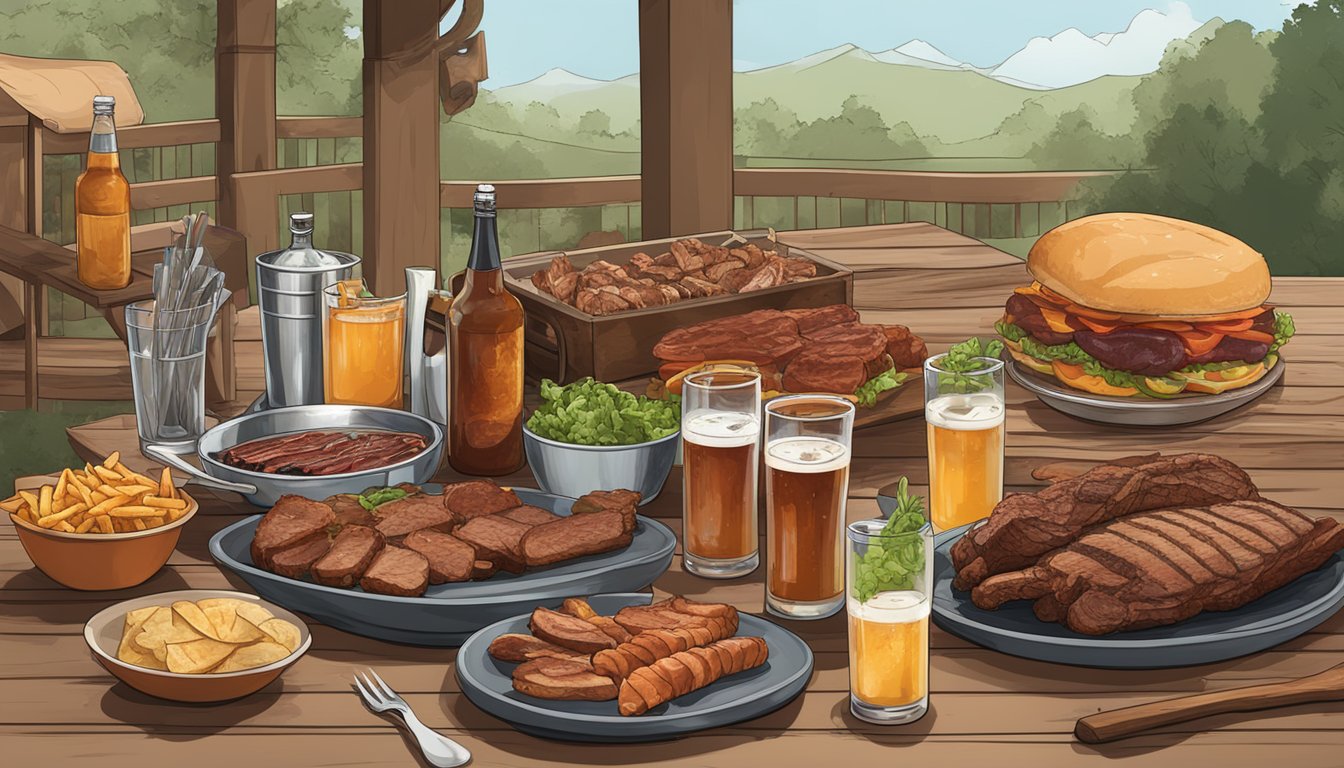 A rustic outdoor Texas BBQ setting with a platter of smoked meats and classic sides, paired with a selection of craft beers and cocktails