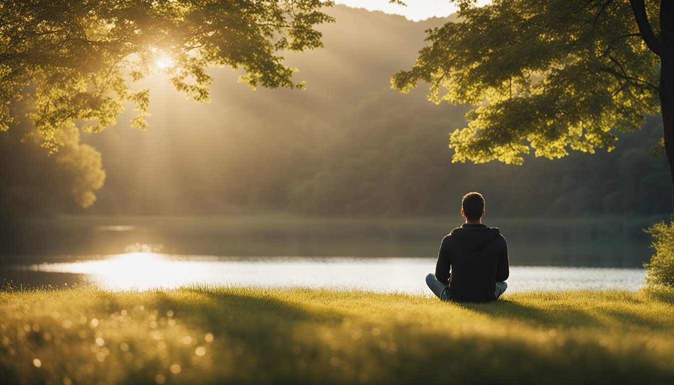 A person sitting alone in a peaceful, natural setting, surrounded by gentle sunlight and a feeling of calmness and self-reflection