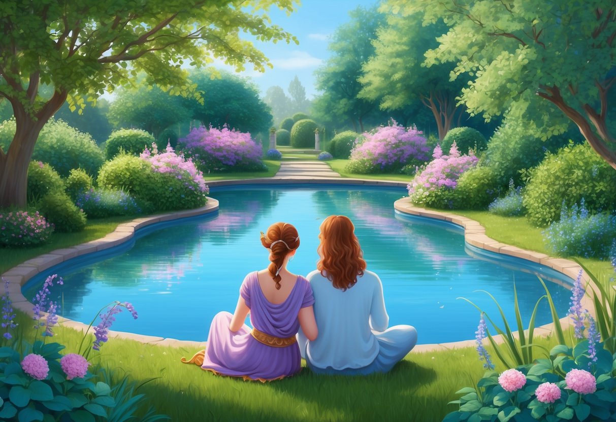 A serene garden with a tranquil pond, surrounded by lush greenery and blooming flowers. A gentle Taurus and dreamy Pisces sit together, peacefully enjoying the serene surroundings