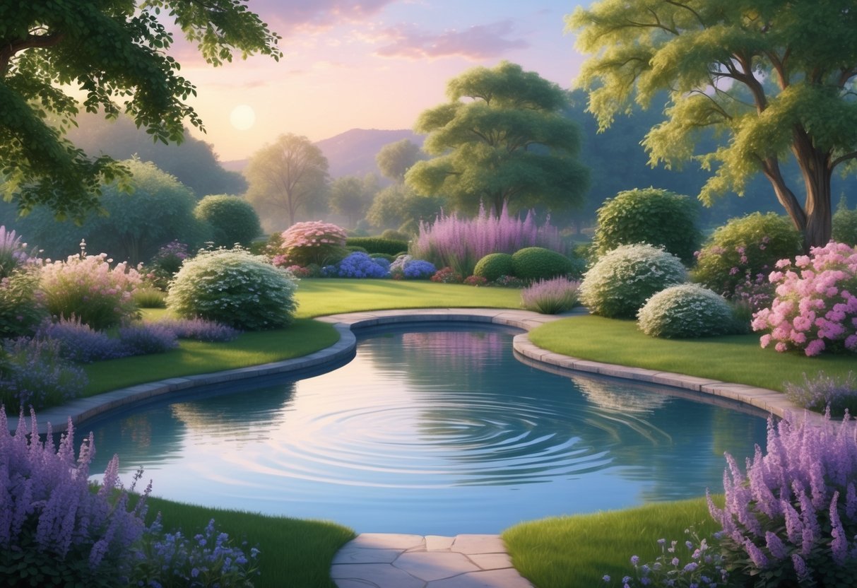 A tranquil garden with a serene pond, surrounded by blooming flowers and gentle, flowing water, reflecting the emotional compatibility and affection between a Taurus and Pisces