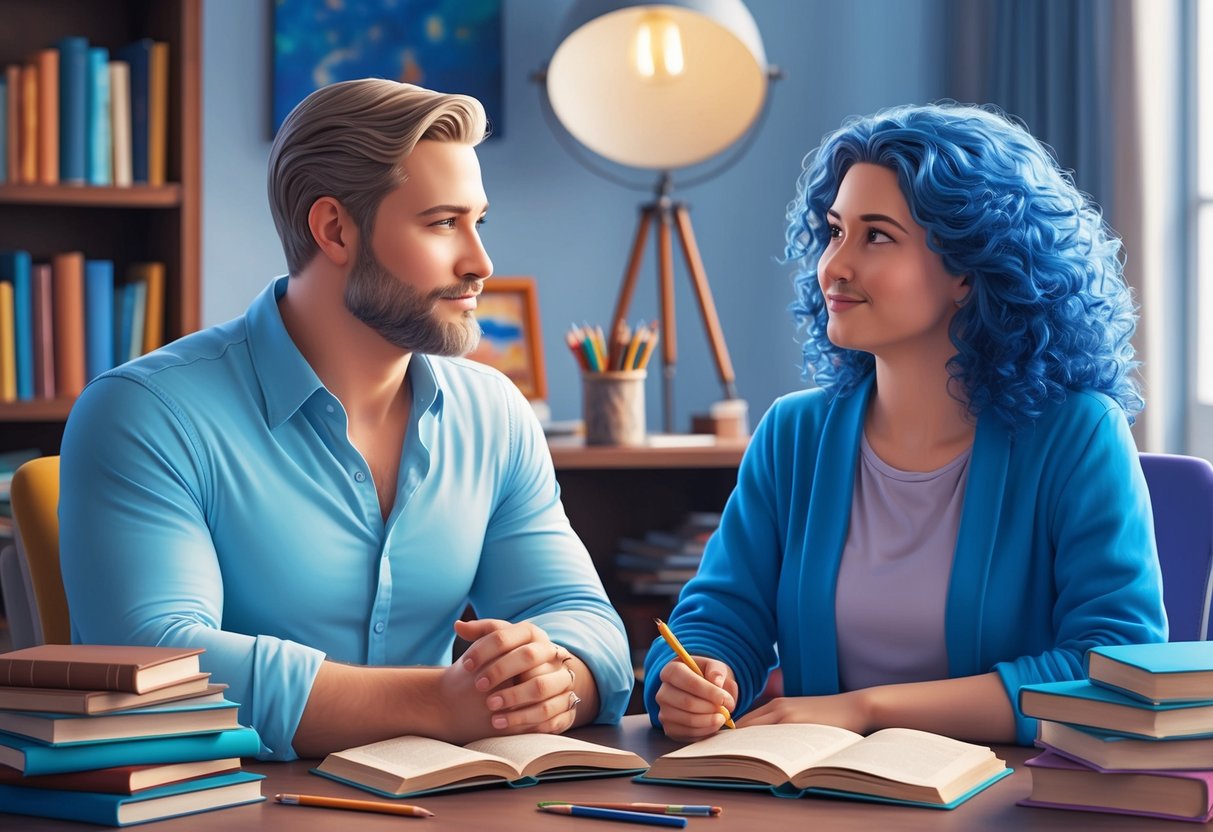 A serene taurus calmly converses with a dreamy pisces, surrounded by books and art supplies. Their intellectual connection is evident in their engaged expressions