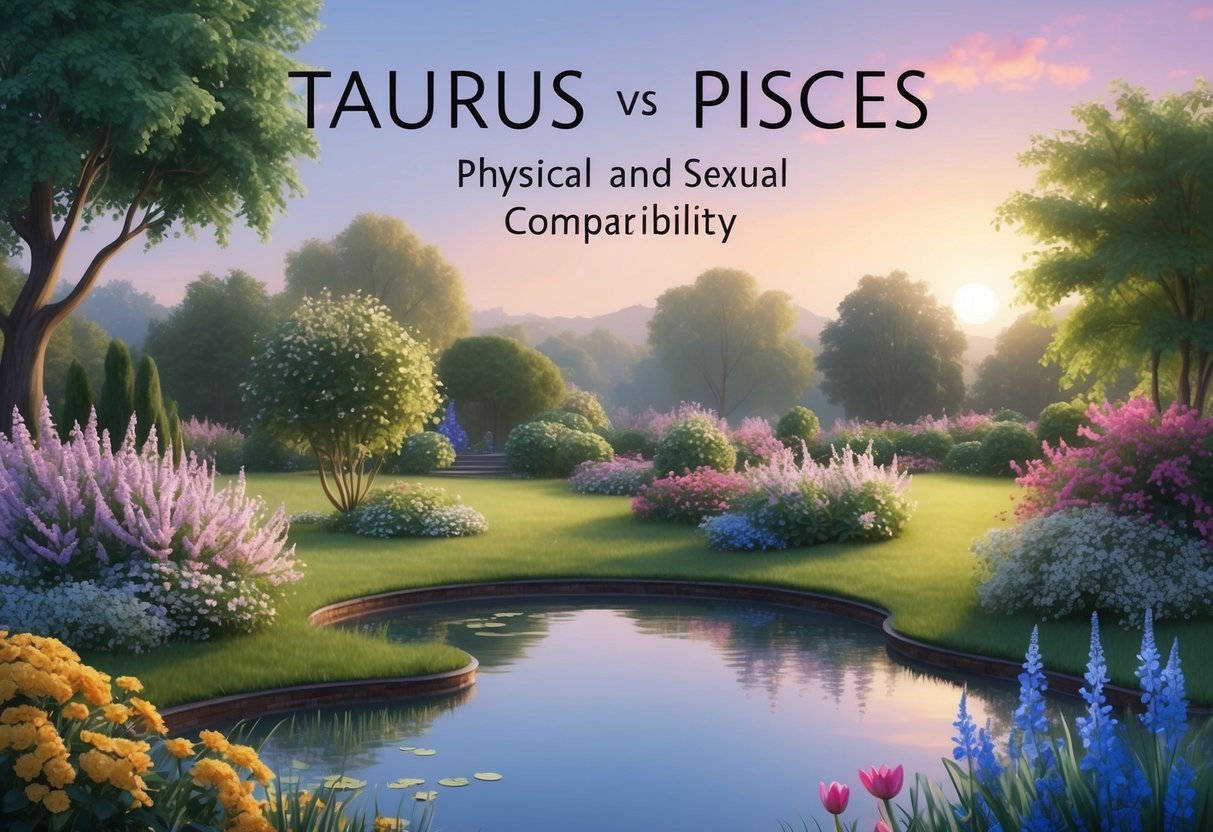 A serene garden with blooming flowers and a calm pond, representing the physical and sexual compatibility between Taurus and Pisces