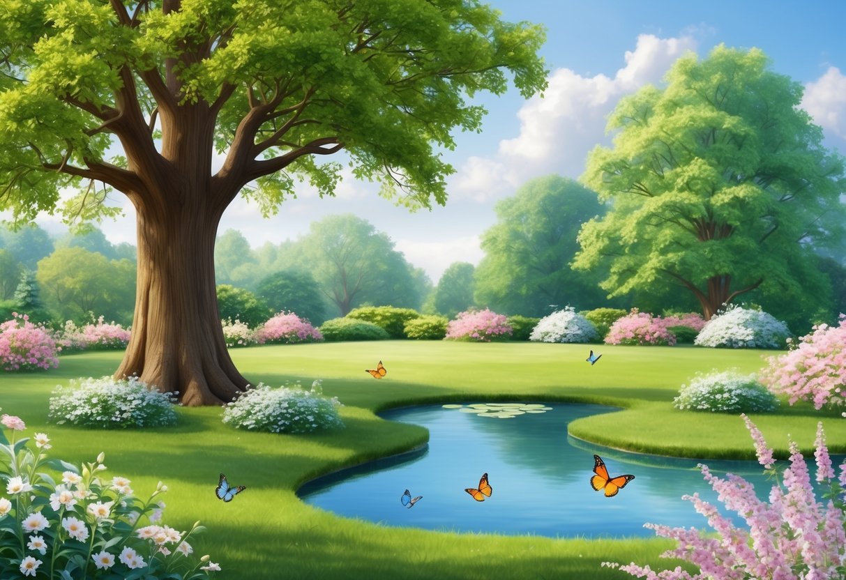 A serene garden with a sturdy oak tree and a tranquil pond, surrounded by blooming flowers and gentle butterflies