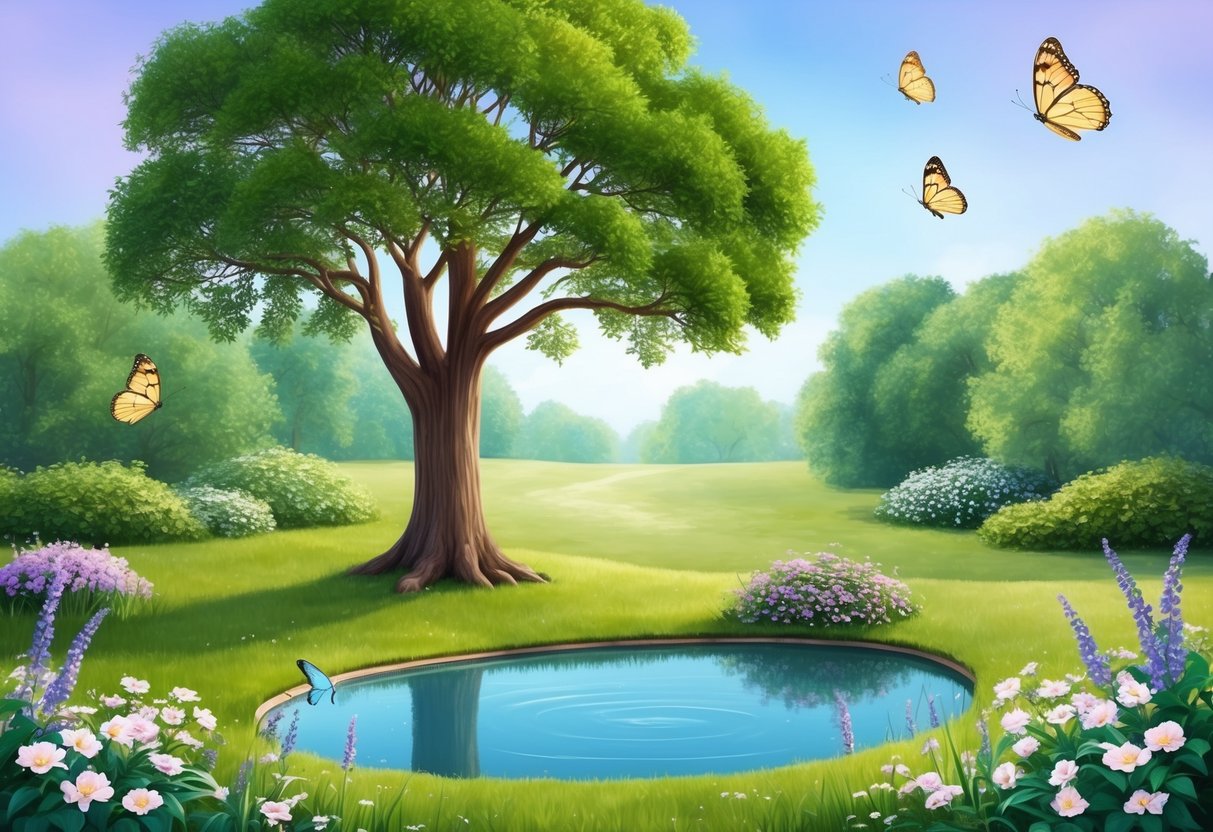 A serene garden with a sturdy oak tree and a tranquil pond, surrounded by blooming flowers and gentle butterflies, symbolizing trust and stability in the Taurus and Pisces relationship