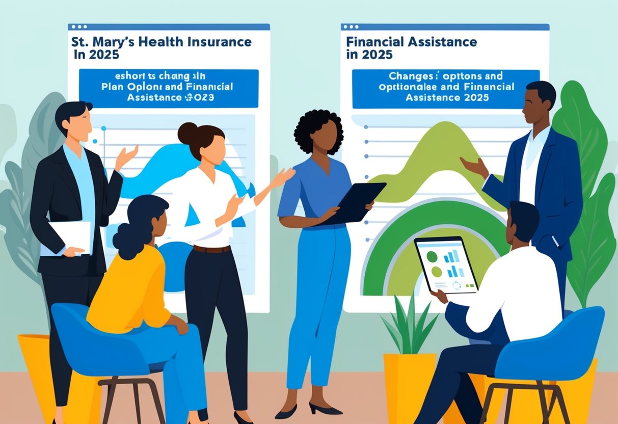 A group of people discussing and reviewing charts and graphs showing the changes in plan options and financial assistance for St. Mary's Health Insurance in 2025