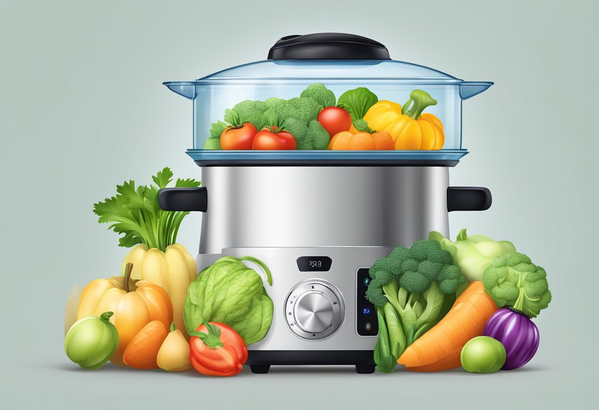 A baby food steamer surrounded by fresh fruits and vegetables, emitting steam as it cooks