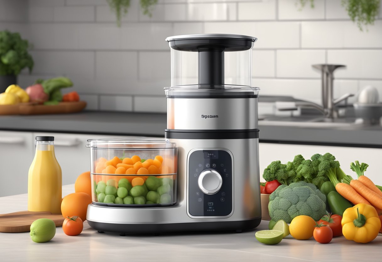 A modern, sleek baby food steamer sits on a kitchen counter, surrounded by fresh fruits and vegetables. Steam rises from the machine as it prepares nutritious meals for a baby