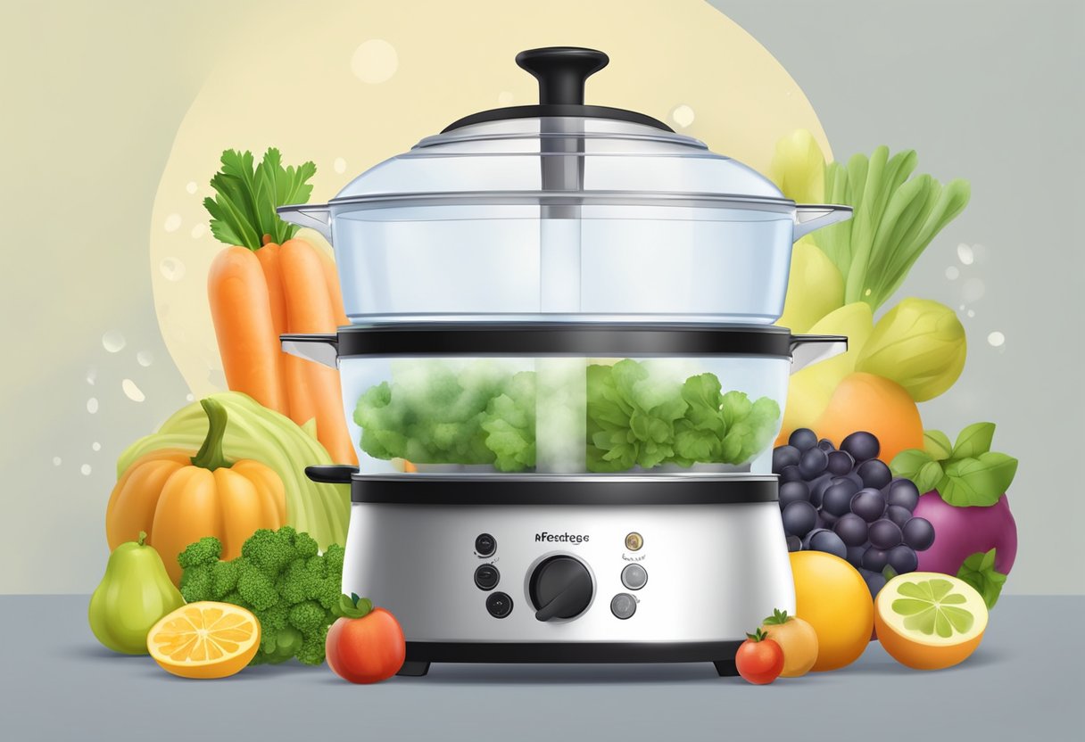 A baby food steamer surrounded by fresh fruits and vegetables, with steam rising from the top