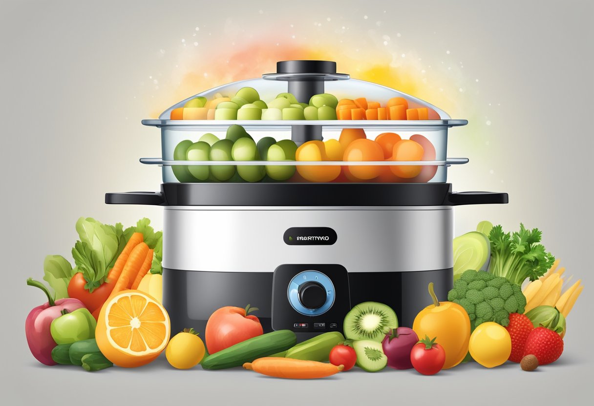 A colorful baby food steamer surrounded by various fruits and vegetables, with steam rising from the top as it cooks