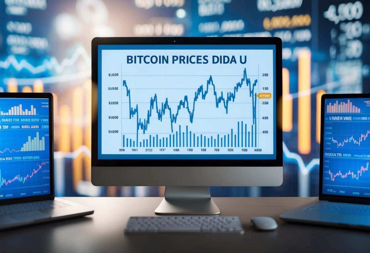 A computer screen displaying a line graph with fluctuating bitcoin prices, surrounded by financial charts and data