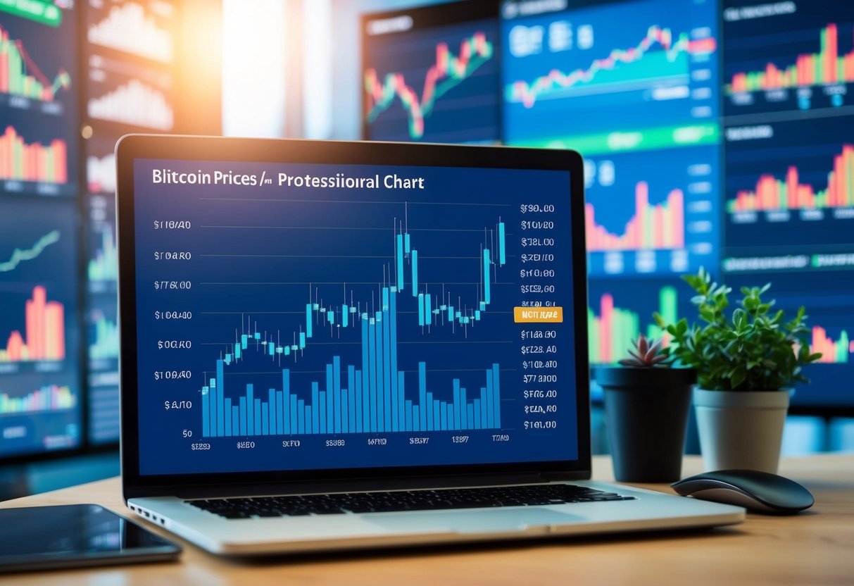 A computer screen displaying a graph of fluctuating bitcoin prices, with various financial charts and data surrounding it