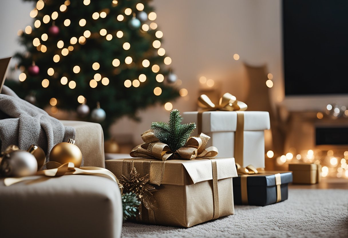 A cozy living room with a decorated Christmas tree, wrapped presents, and festive decorations