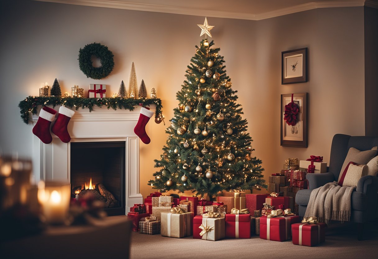 A cozy living room with a decorated Christmas tree surrounded by wrapped presents of various sizes. A fireplace crackles in the background, and stockings hang from the mantel