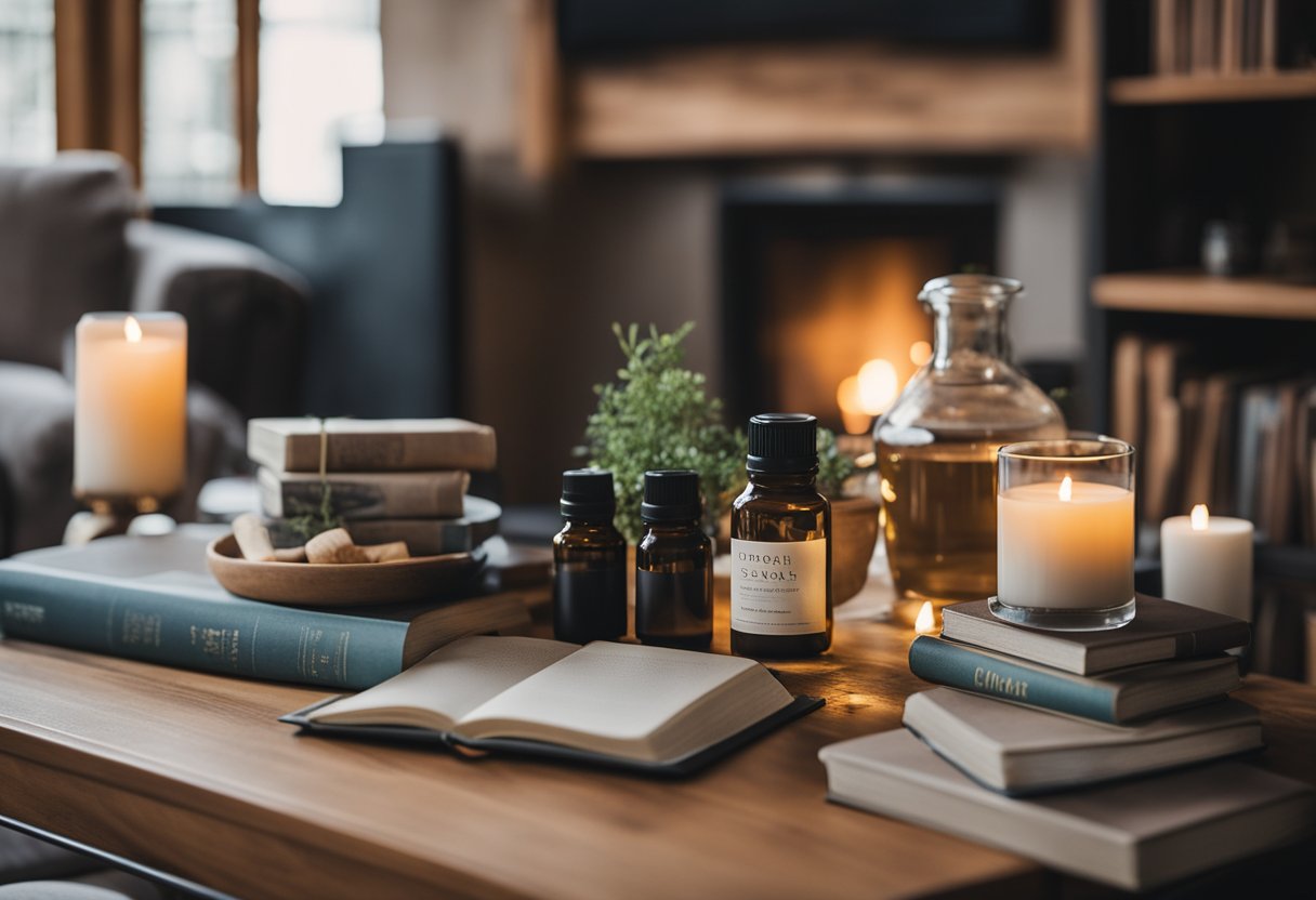 A cozy living room with a crackling fireplace, a yoga mat, herbal teas, essential oils, and a selection of wellness books and journals