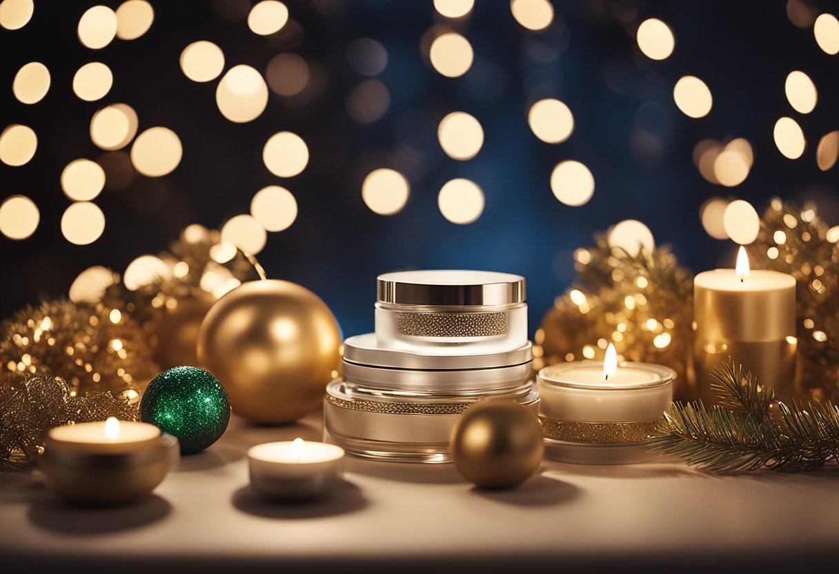 A festive holiday-themed display of fashion and beauty products arranged on a table with twinkling lights and decorative ornaments