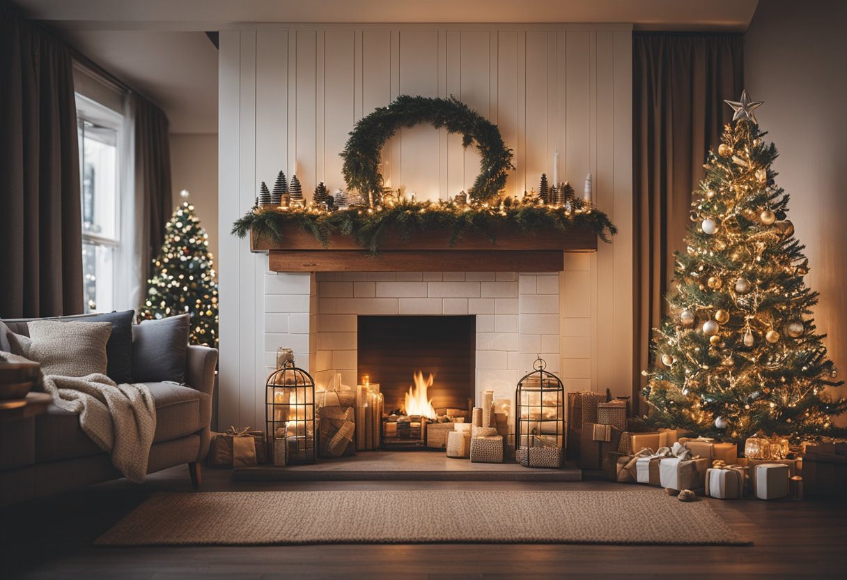 A cozy living room with a crackling fireplace, a festive Christmas tree, and shelves adorned with practical and thoughtful home gifts