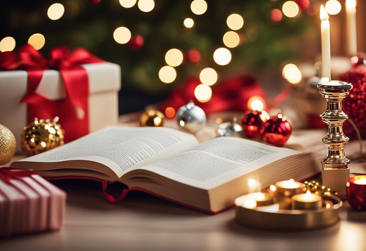 A festive table with various gift items such as books, electronics, and toys arranged neatly, surrounded by Christmas decorations and twinkling lights