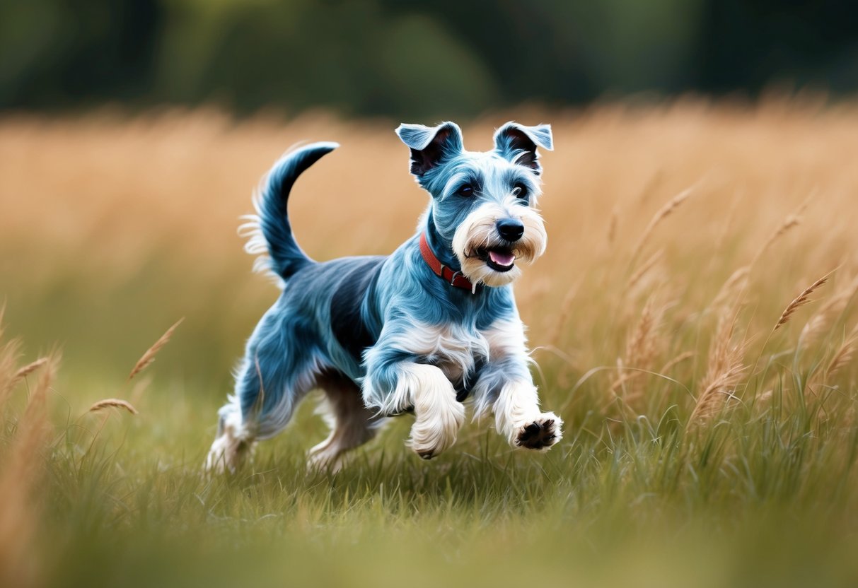 A Kerry Blue Terrier dog running through a field of tall grass