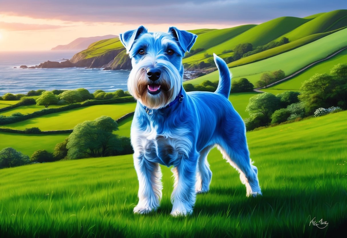 A Kerry Blue Terrier stands proudly in a lush Irish countryside, with rolling green hills and a rugged coastline in the background