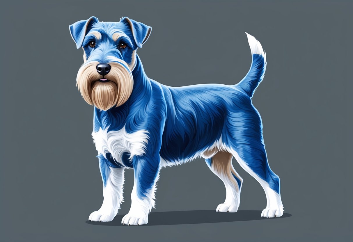 A Kerry Blue Terrier dog standing proudly with a thick, wavy blue-gray coat, a strong, muscular build, and a distinctive beard and mustache