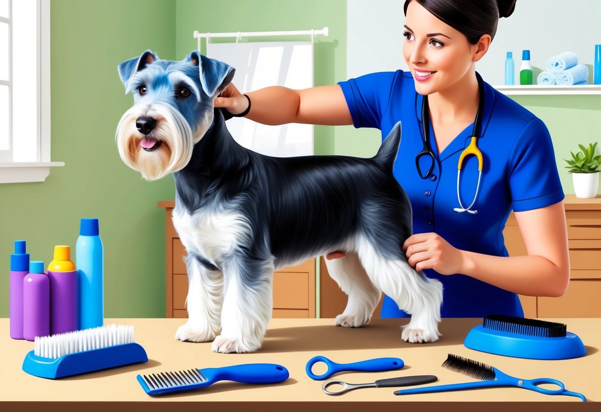 A Kerry Blue Terrier dog being groomed and brushed by a handler in a well-lit room with grooming tools and supplies nearby