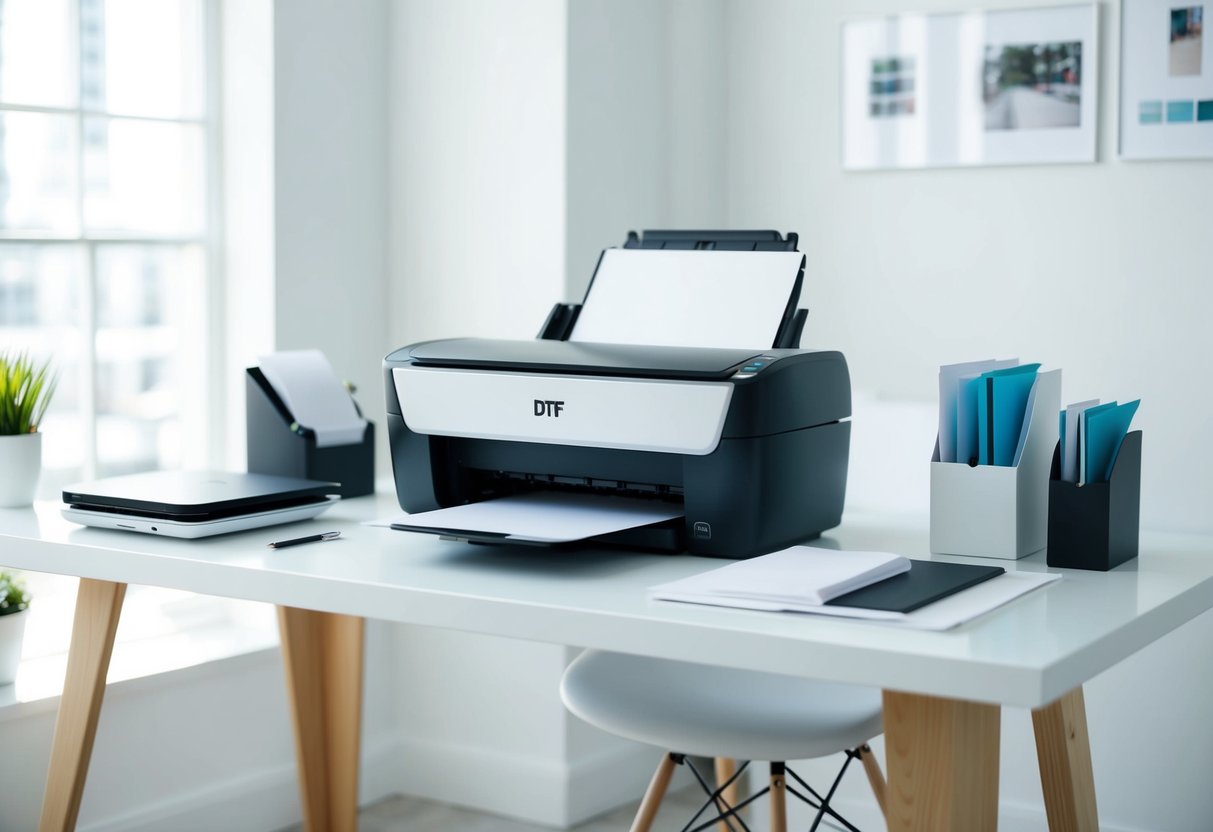 A sleek, modern DTF printer sits on a clean, white desk in a bright, minimalist office space, surrounded by neatly arranged printing supplies