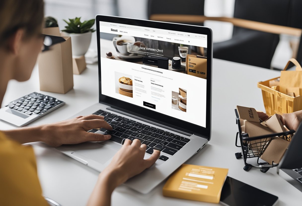 A bustling e-commerce website with sleek design, easy navigation, secure payment options, and high-quality product images