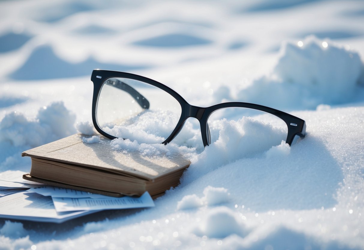 A pair of reading glasses sits half-buried in a snowdrift, surrounded by scattered papers and a forgotten book