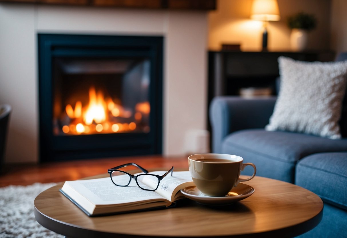 A cozy living room with a crackling fireplace and a pair of reading glasses sitting on a side table next to a warm cup of tea