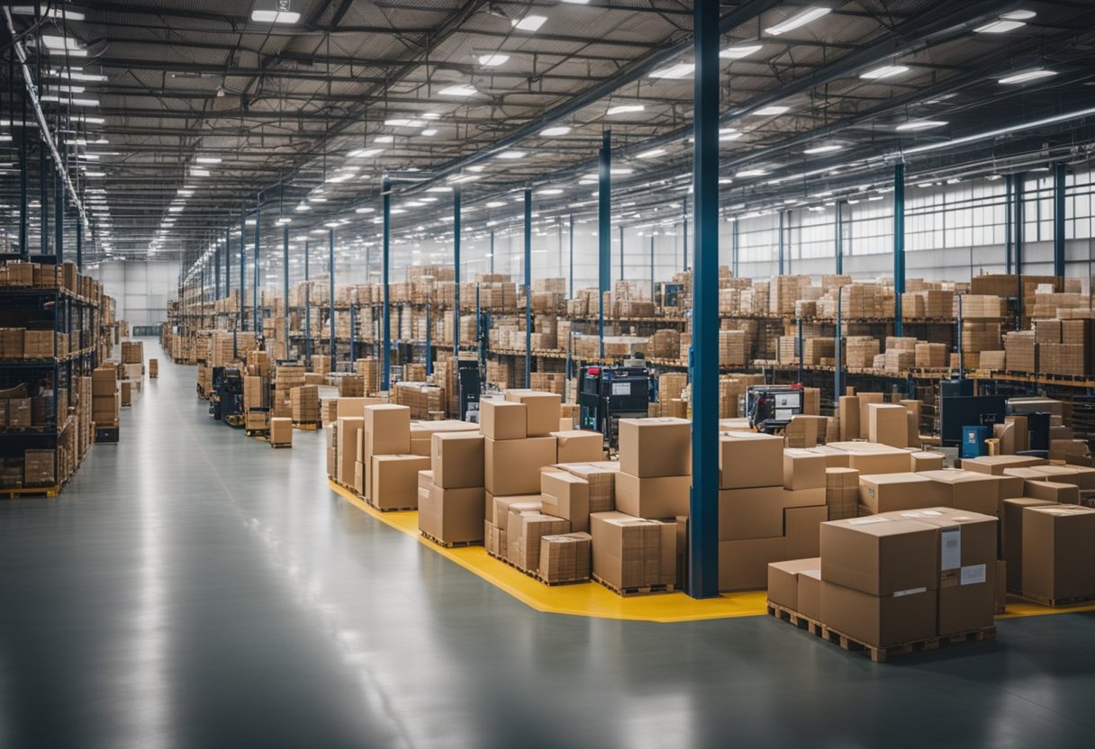 A bustling e-commerce warehouse with efficient order processing and a seamless online shopping experience
