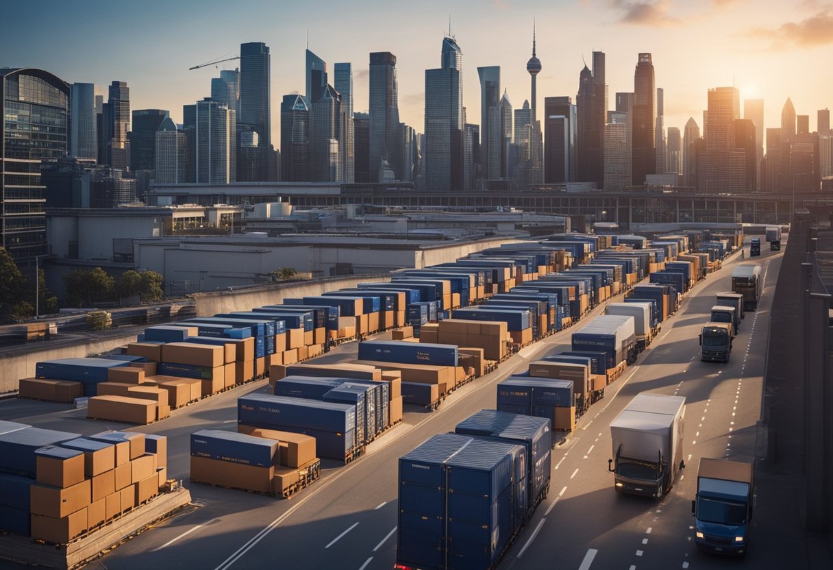 A bustling city skyline with various delivery trucks and packages being transported to and from warehouses, showcasing the global reach of e-commerce