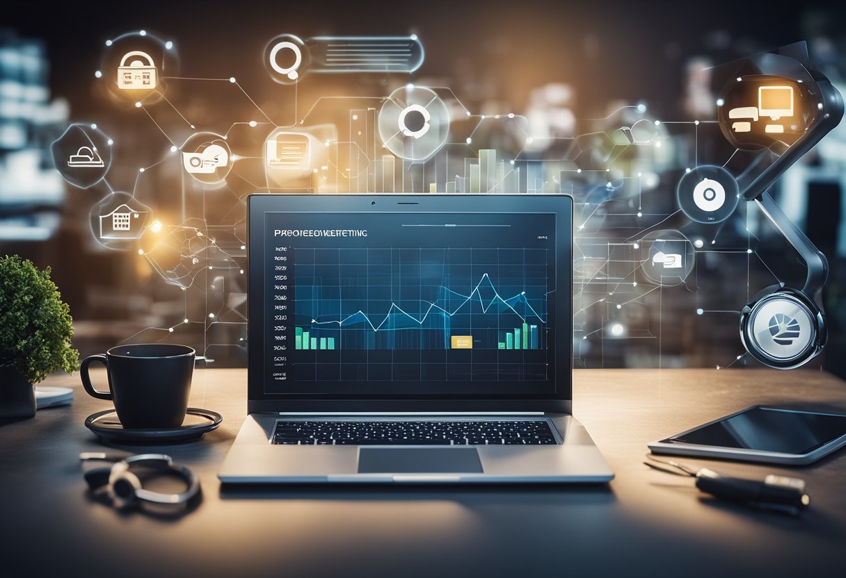 A laptop surrounded by various tools and services, such as a shipping box, payment processing icon, customer service headset, and marketing analytics graph