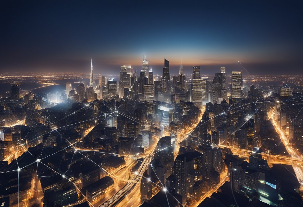 A bustling city skyline with various buildings, each representing a different website or blog, all connected by a network of glowing lines