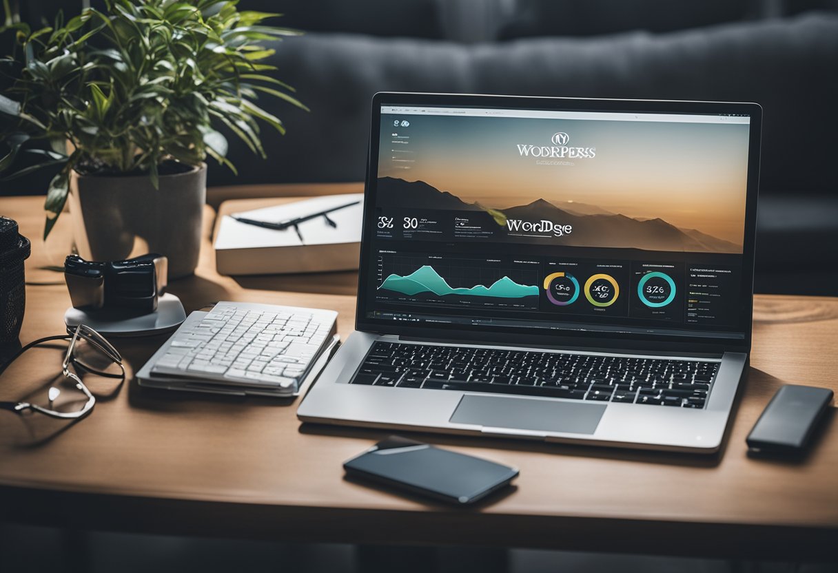 A laptop displaying a WordPress homepage, surrounded by various SEO tools and analytics charts