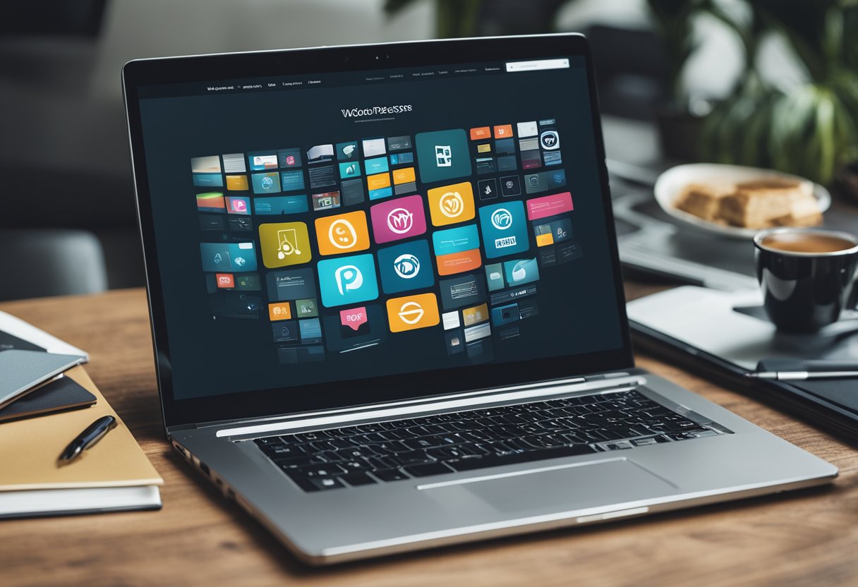 A laptop with a WordPress homepage displayed, surrounded by various website elements such as icons, a color palette, and a stylus