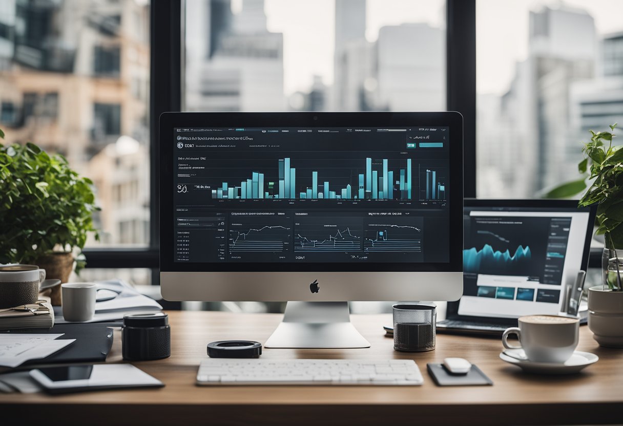 A computer screen displaying a WordPress website with various analytics graphs and charts, surrounded by a cluttered desk with coffee mugs and notebooks