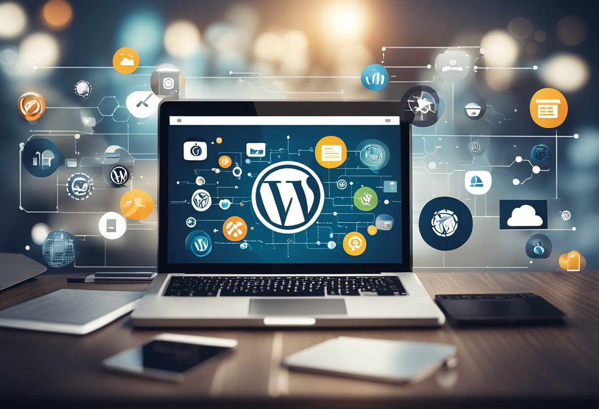A laptop with a WordPress homepage displayed, surrounded by various icons representing different features and functionalities