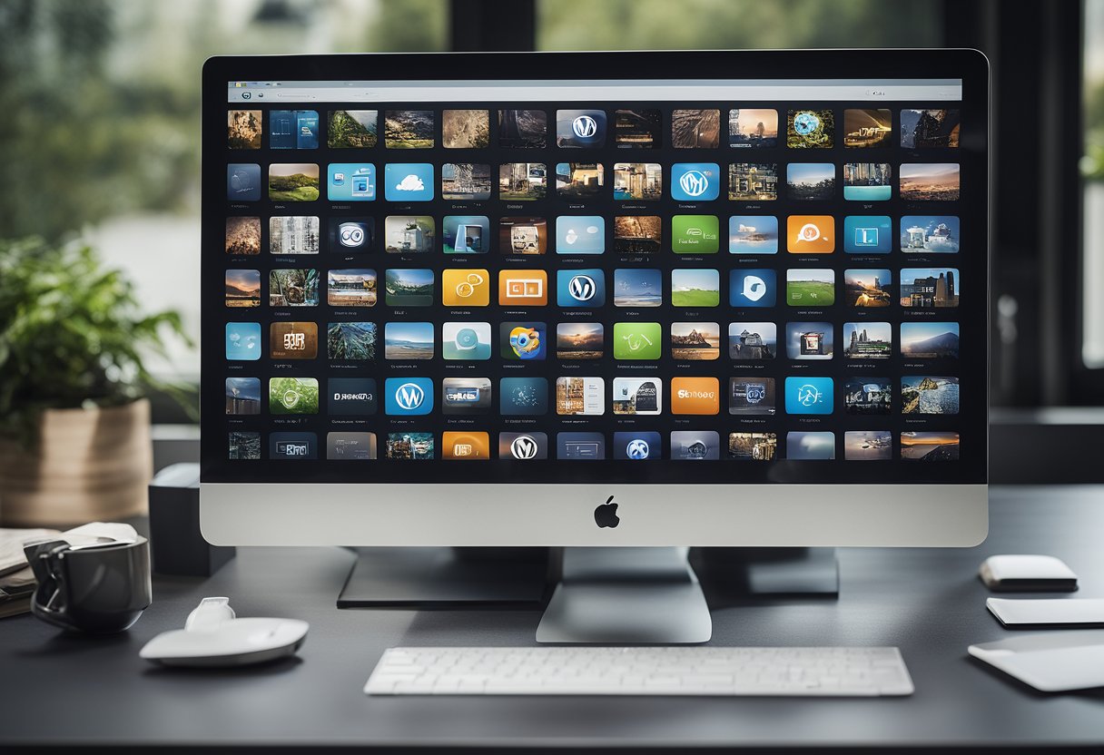 A computer screen with the WordPress homepage open, surrounded by various icons and symbols representing its popularity and versatility