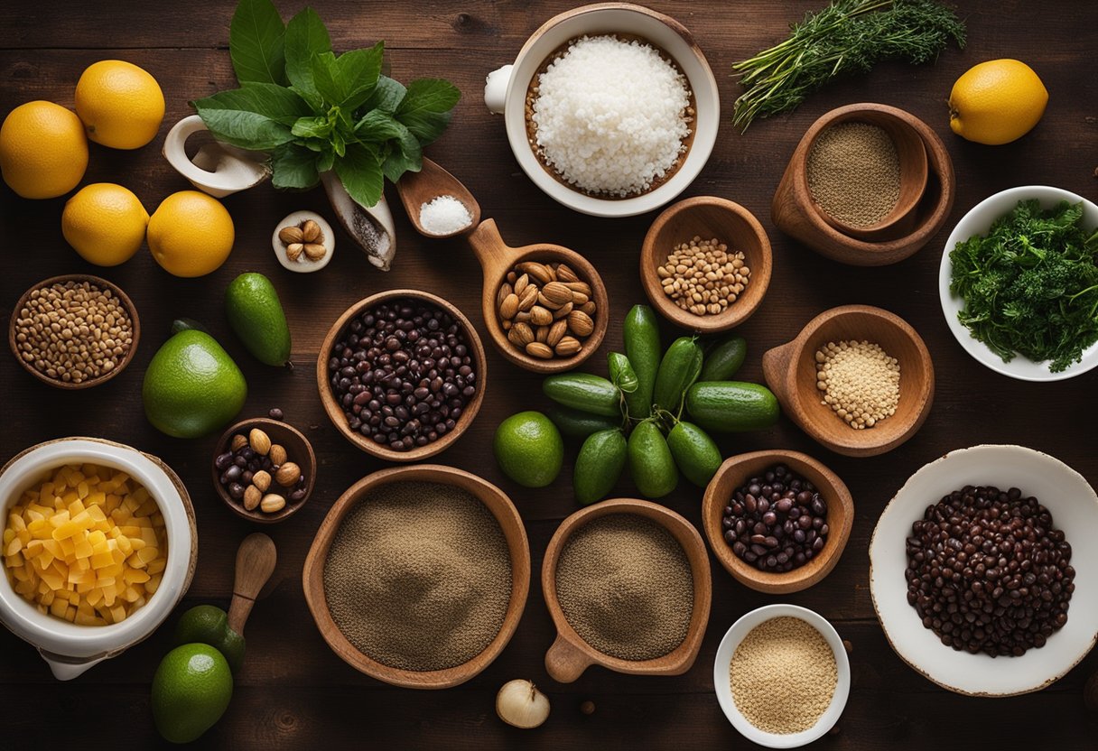 Uma mesa de cozinha rústica decorada com ingredientes tradicionais e utensílios de cozinha para fazer "Feijoada do Sul", com um toque de influência Gaúcha