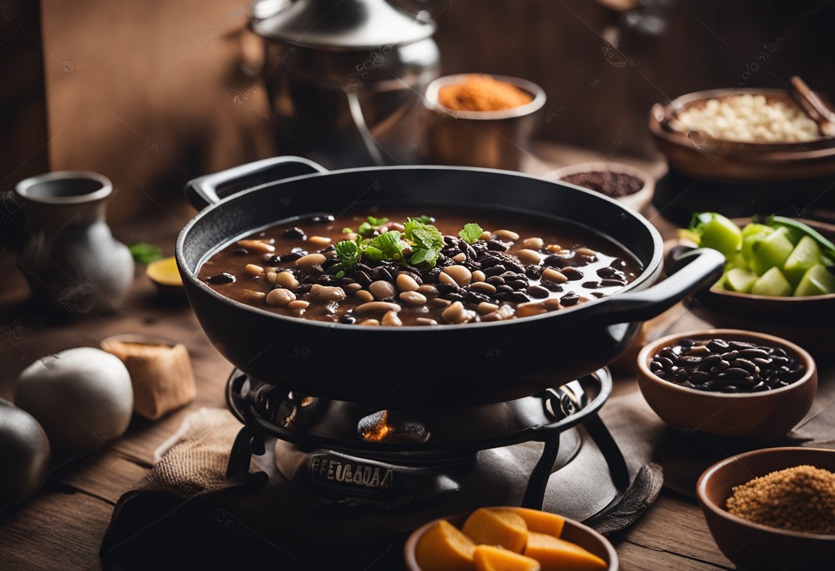 Uma panela de feijoada borbulhando em um fogão rústico, cercada por ingredientes como feijão preto, carne de porco e temperos. Um chapéu gaúcho está próximo.