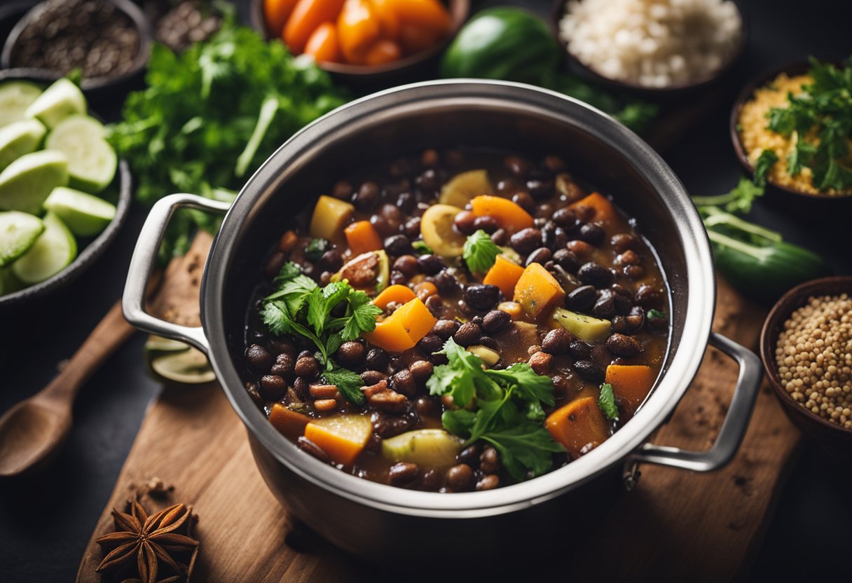 Uma panela fumegante de feijoada cozinhando sobre um fogo aberto, cercada por legumes frescos, ervas e especiarias, com um toque do charme sul-brasileiro.