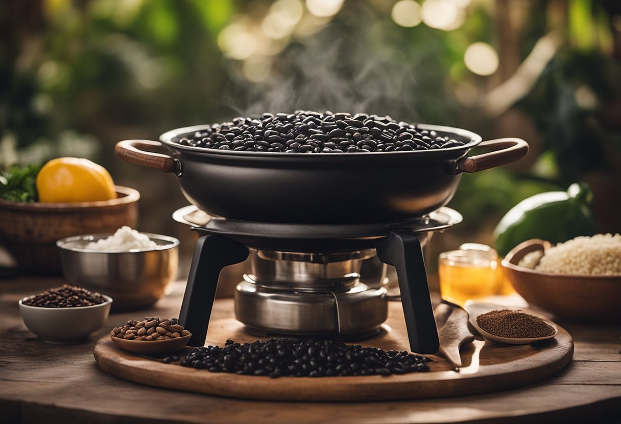 Uma panela borbulhante de feijoada cozinha em um fogão rústico, cercada por ingredientes tradicionais brasileiros como feijão preto, carne de porco e especiarias.