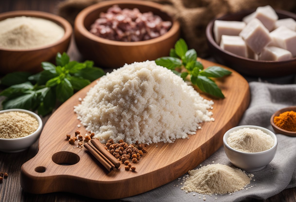 Uma tábua de corte de madeira com carne seca picada, farinha de mandioca e temperos dispostos em pilhas separadas. Um pilão e um socador estão próximos para moer.