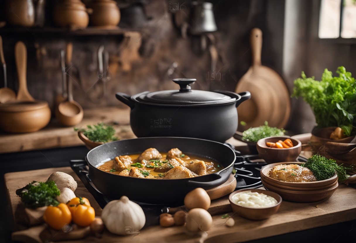 Uma cozinha rústica com utensílios de cozinha tradicionais, uma panela borbulhante de fricassê gaúcho cozinhando em um fogão a lenha, e ingredientes como frango, vegetais e molho cremoso.